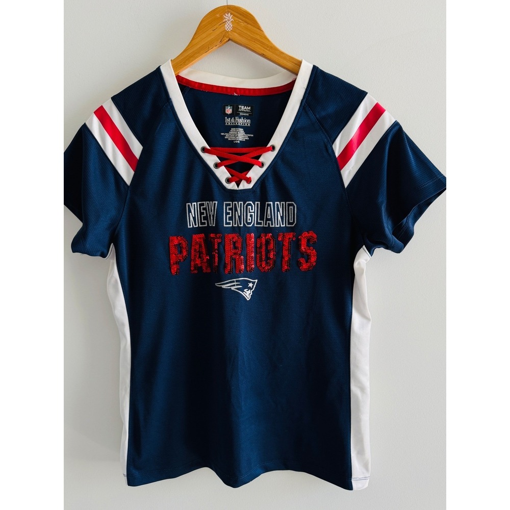 NFL New England Patriots Womens Sequin Lace Up Jersey Shirt Navy Blue Large
